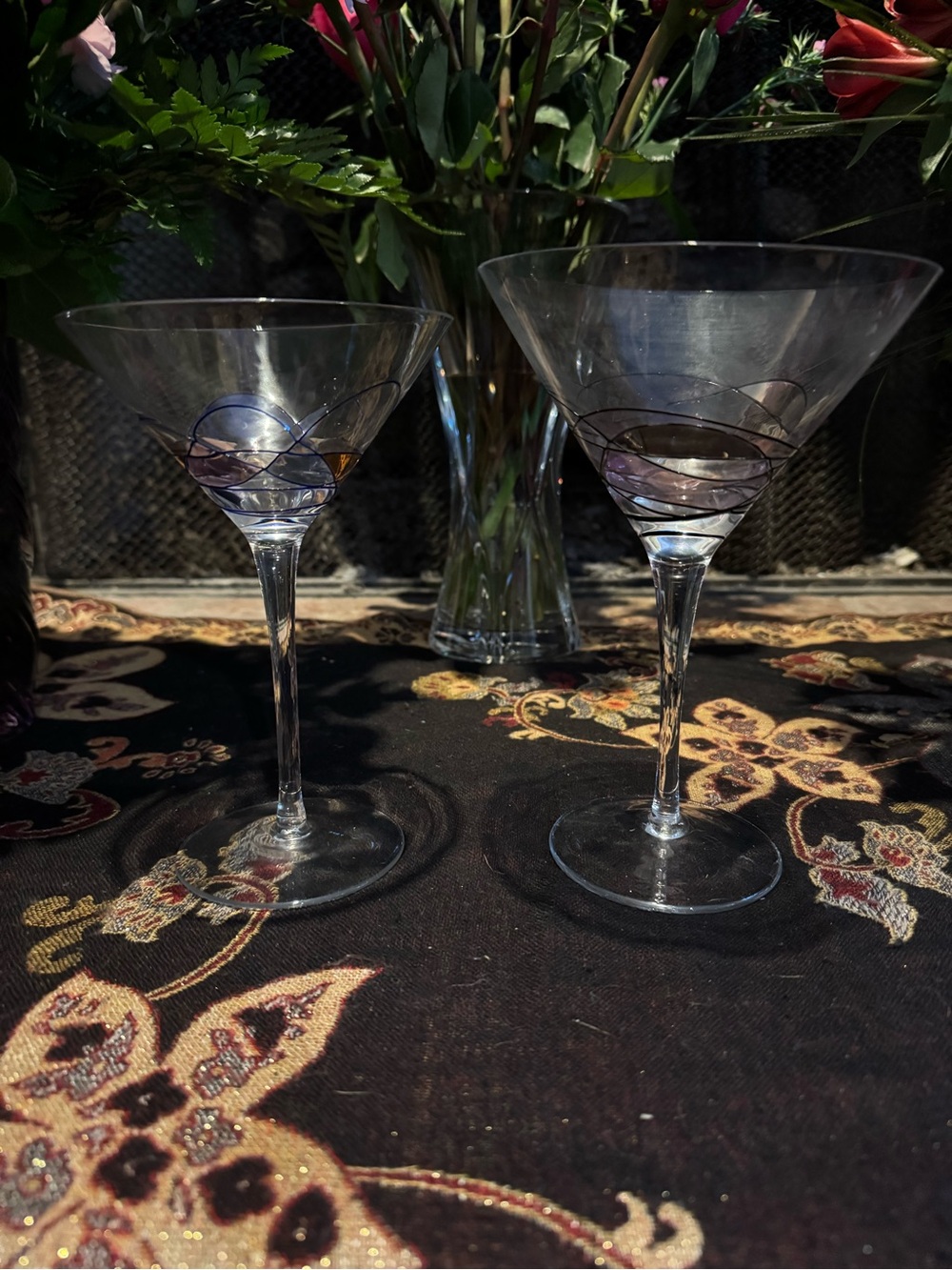 Monarch La Fleur Mosaic Martini Multicolor Hand Painted Barware Romania Set Of 2